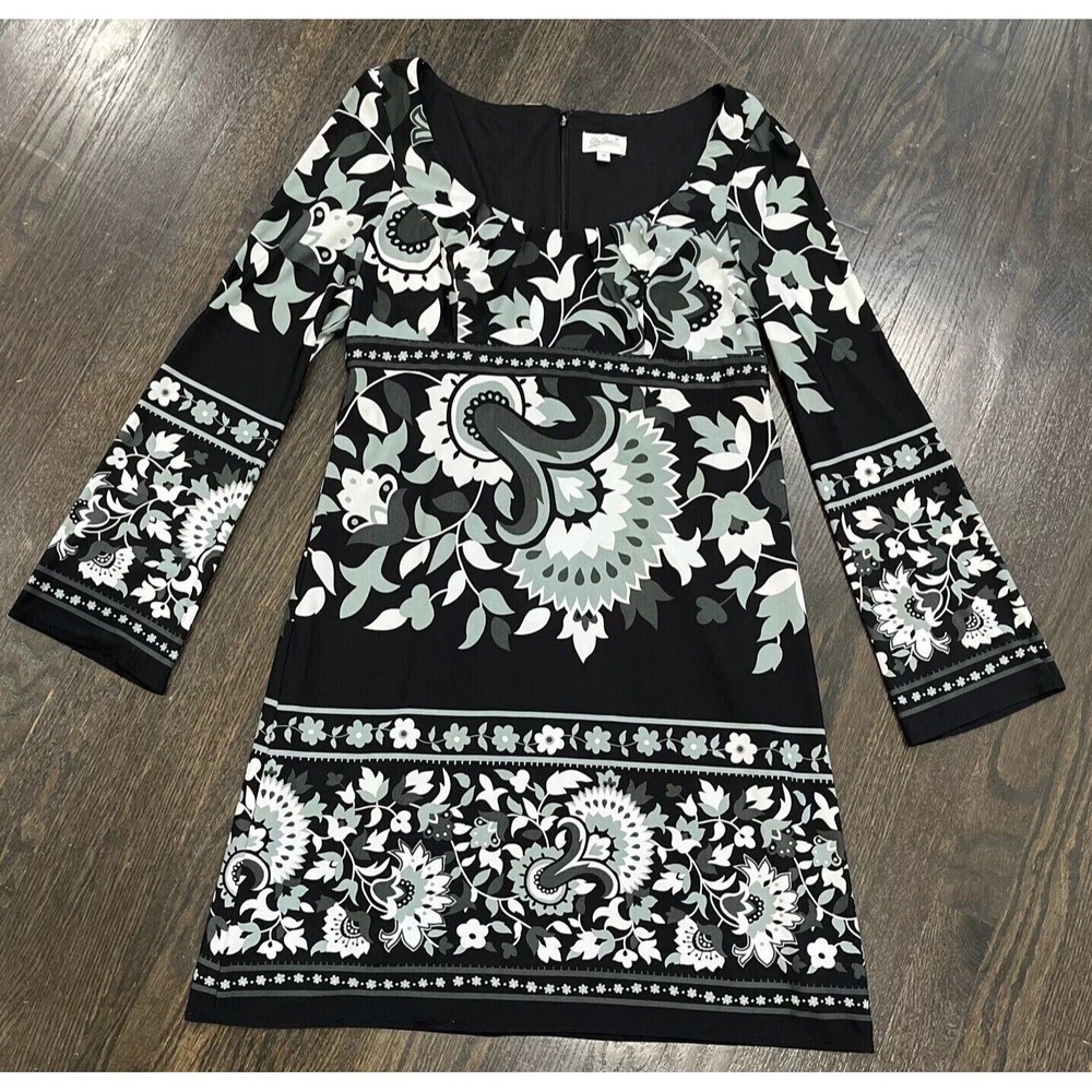 Oleg Cassini Womens Dress Sz 14 Floral Long Bell Sleeve High Waist Black White